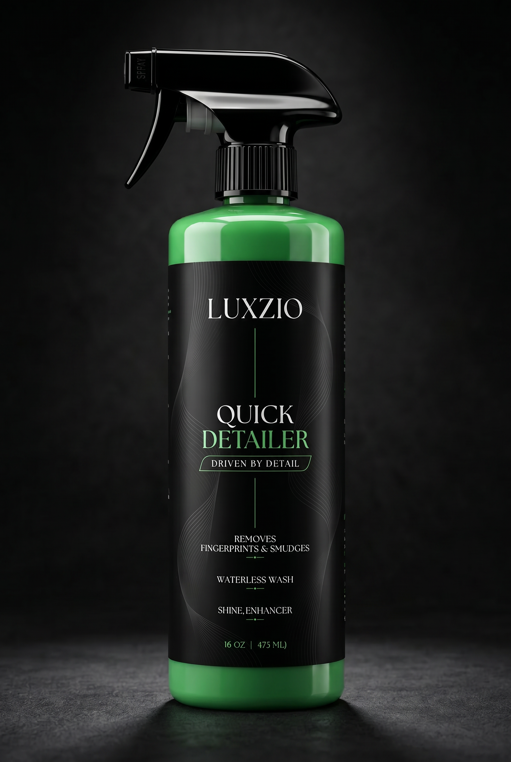Luxzio Quick Detailer spray bottle on a dark background
