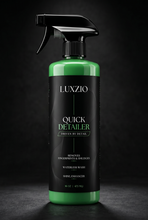 Luxzio Quick Detailer spray bottle on a dark background